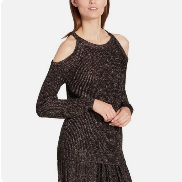 DKNY Cold Shoulder Knit Metallic Sweater Long Sleeve in Black Gold Size Medium - Picture 1 of 14